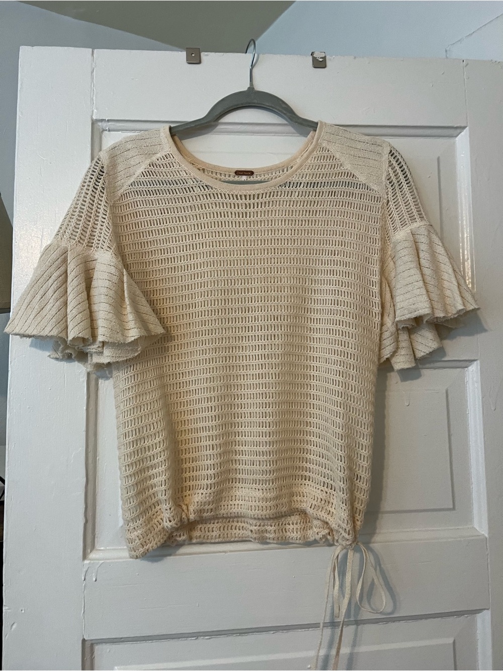Free People Cream Open-Knit Ruffle Sleeve Top